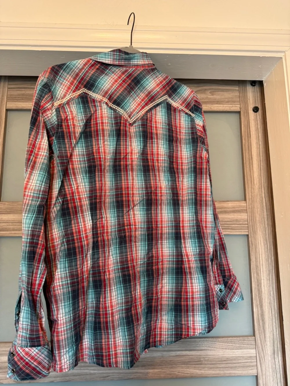 Ariat Red Navy Teal Plaid Button-Down Western Shirt - Picture 6 of 7